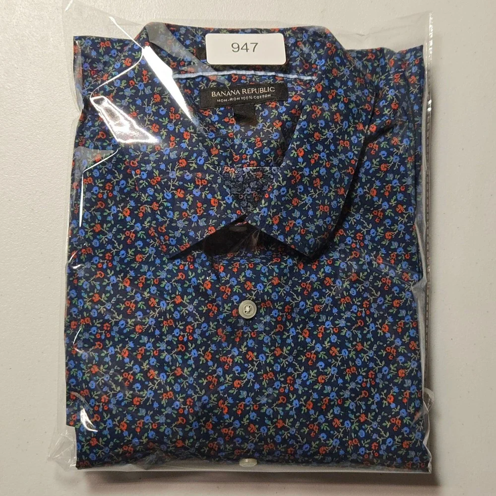 Banana Republic Navy Floral Button Up Shirt Large Slim Fit Non Iron Preppy